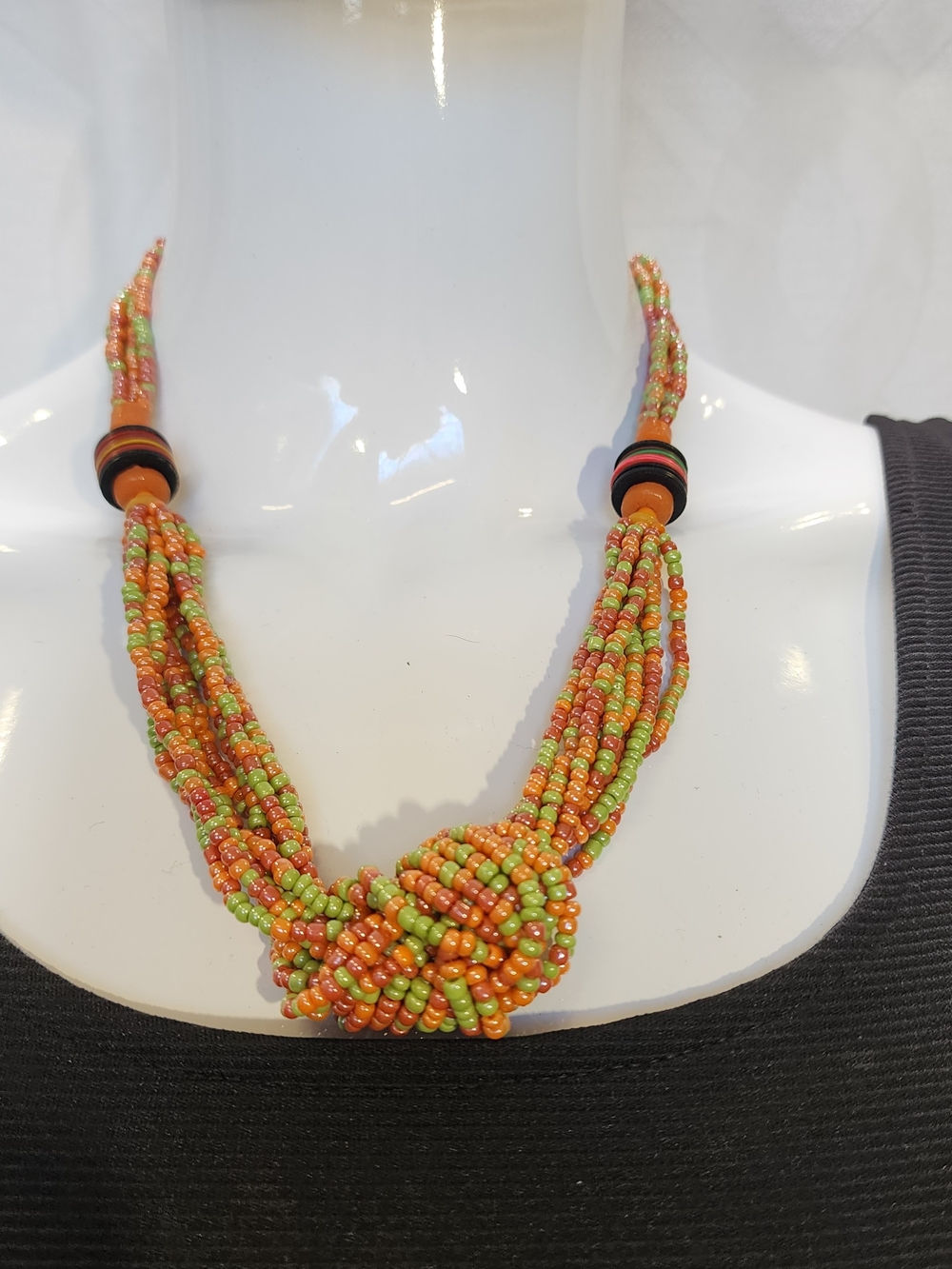 Y2K Orange Green Multi Strand Seed Bead Necklace Knotted Statement Barrel Clasp